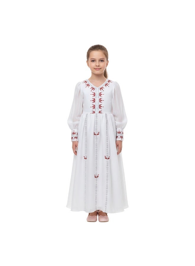 D'Daniela Mariam Embroidered White Jalabiya Abaya with Tie-Up Belt and  Sleeves -for Girl - Image 1